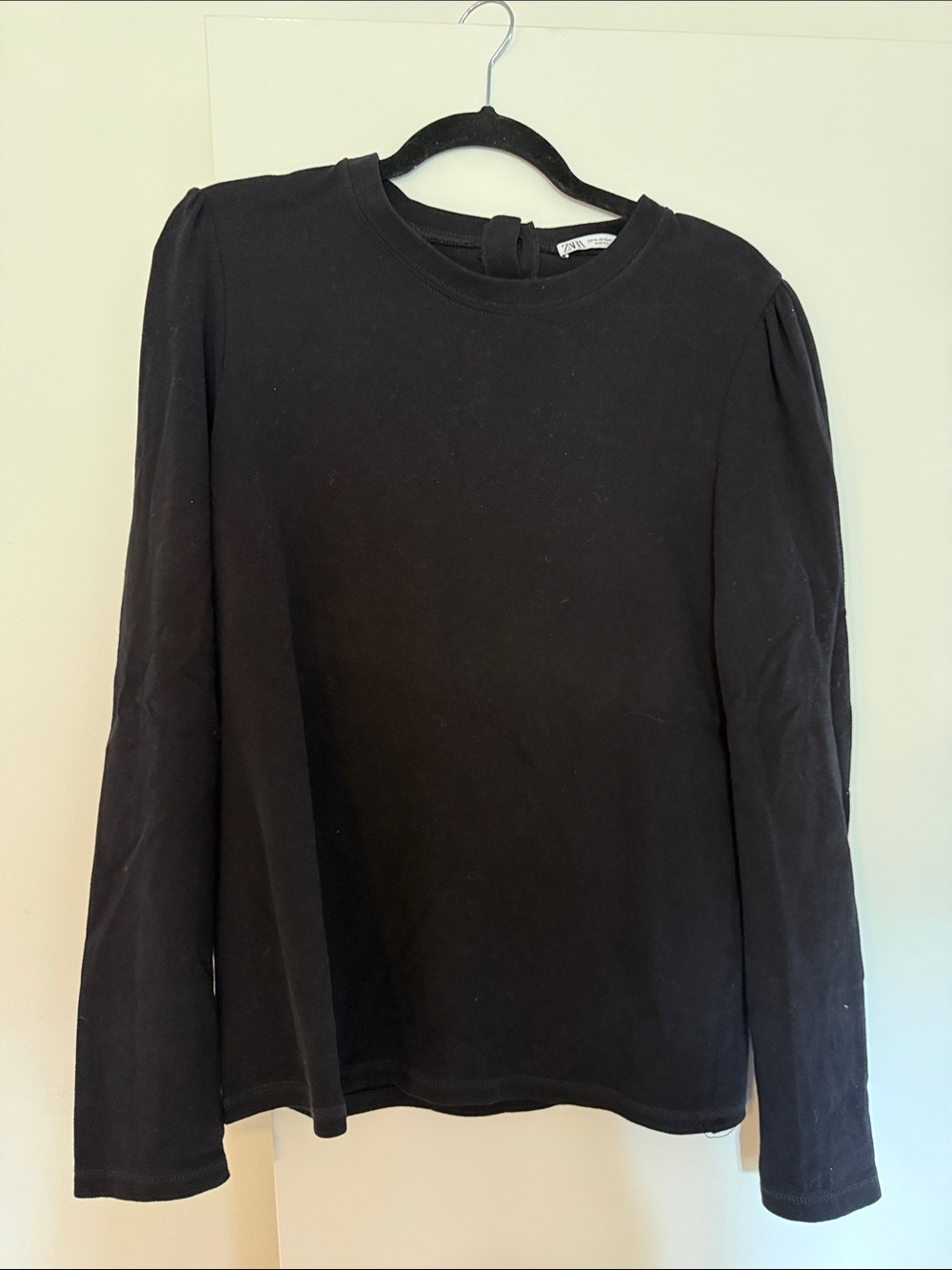 Zara Black Long Sleeve Puff Shoulder Top With Back Button Detail Size XL